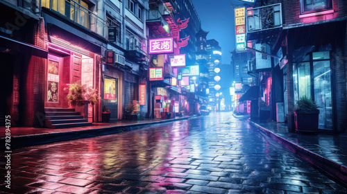 Rainy Night on Neon-Lit Asian Street © evening_tao