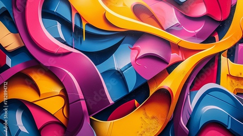 Abstract graffiti murals overlapping and intertwining, creating a tapestry of colors and shapes that seem to shift and evolve with every glance. photo