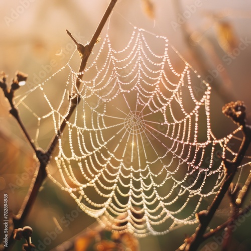 A beautiful and delicate spider web covered in morning dew.
