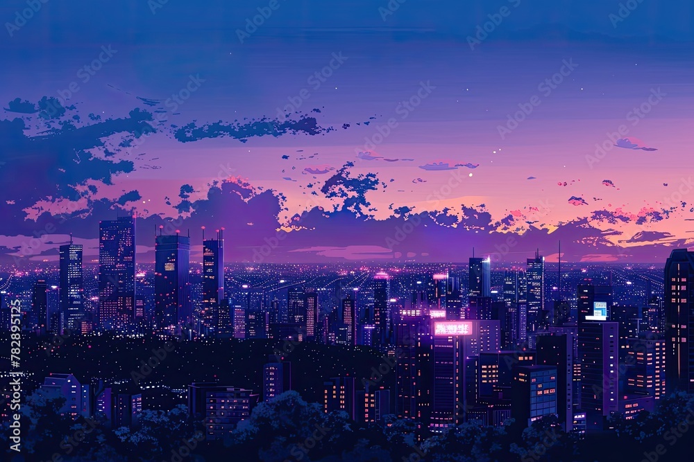 Obraz premium A beautiful pixel art illustration of a cityscape at night. The sky is a gradient of purple and blue, and the city is lit up by the lights of the buildings and streetlights.
