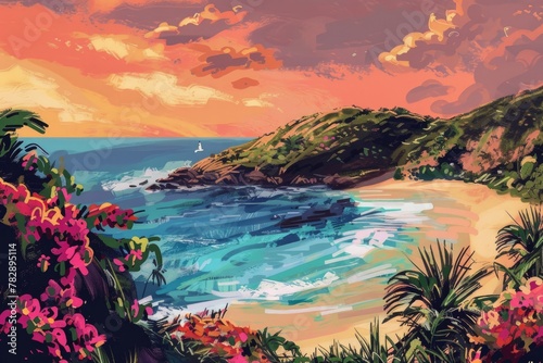 A beautiful painting of a tropical beach with pink flowers in the foreground, palm trees, and a sailboat on the horizon.
