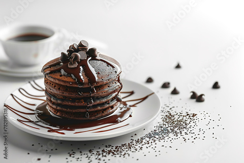 minimal style of chocolate pancakes, lwhite background , with empty copy space photo