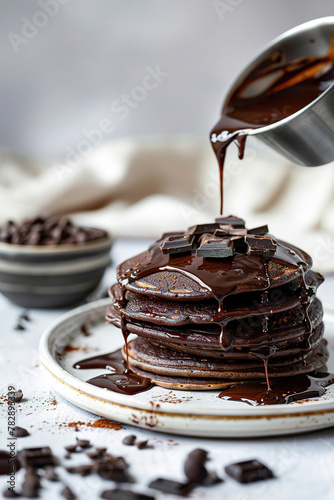 minimal style of chocolate pancakes, lwhite background , with empty copy space photo