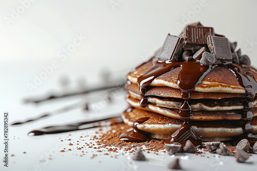 minimal style of chocolate pancakes, lwhite background , with empty copy space photo