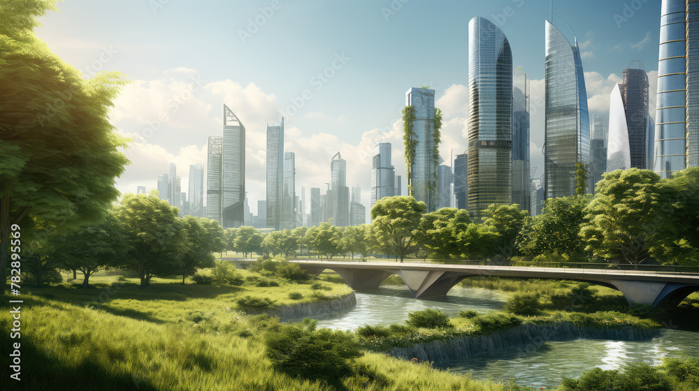 Fototapeta premium Urban Oasis: Future Metropolis with Lush Park