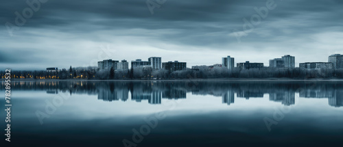 Tranquil City Reflections on Water at Twilight