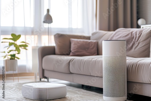 Air purifier in living room for filter and cleaning removing dust.