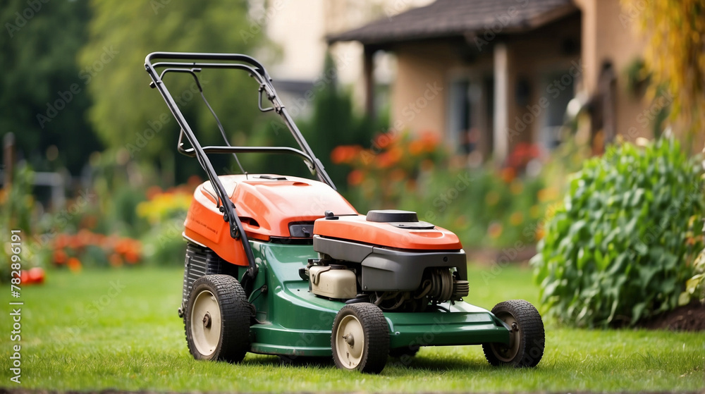 Fototapeta premium Lawn mower in a suburban area, the use of modern technologies in a rural area 