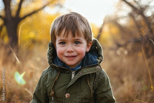 Portrait of a little boy in a green jacket in the autumn forest