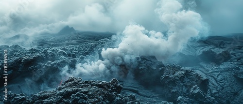 Steam vents on volcano, close up, mist rising, detailed rocks, soft background #782896541