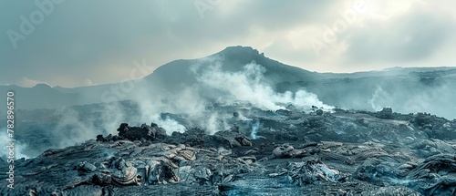 Steam vents on volcano, close up, mist rising, detailed rocks, soft background