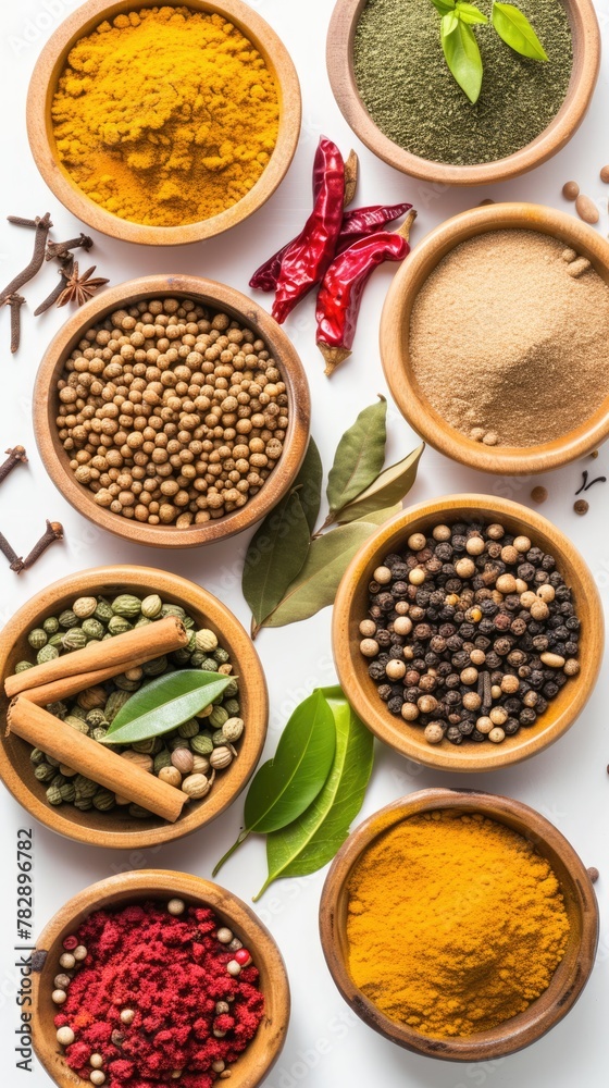 Top View, a collection of various aromatic herbs and spices in bowls.