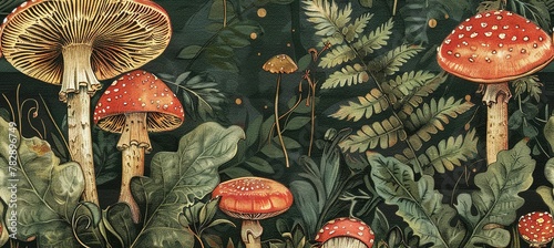 mushrooms in the autumn forest, fly agaric mushroom in forest, Beautiful vintage mushroom plants in the forest