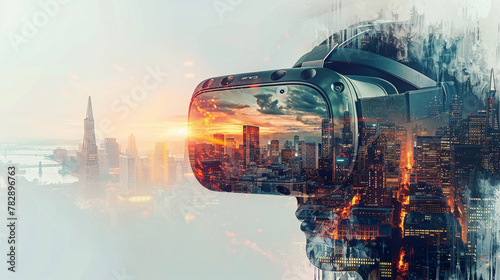 A depiction of a virtual reality headset displaying a battlefield, merging with the skyline of Silicon Valley, representing the fusion of tech innovation and strategic warfare photo