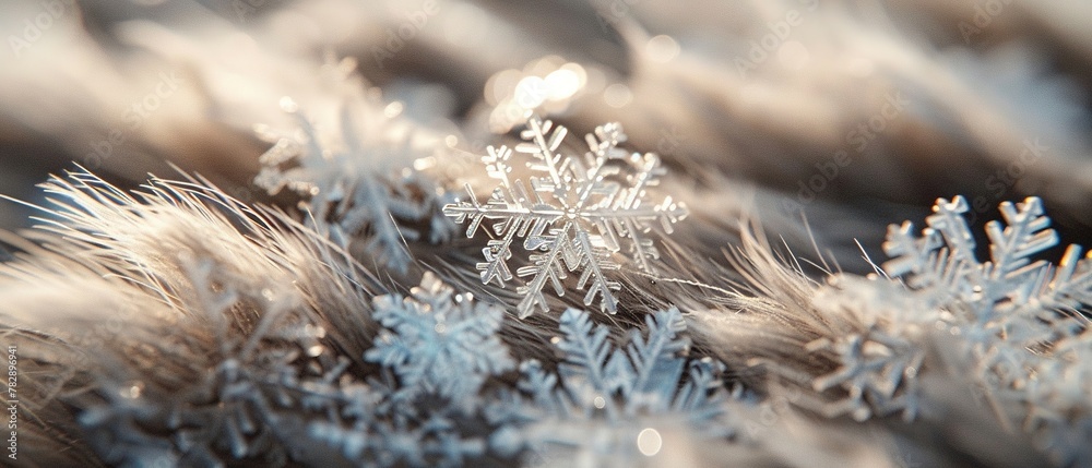 Snowflakes on fur, close up, intricate designs, soft focus, detailed Snowflakes on fur, close up, intricate designs, soft focus, detailed