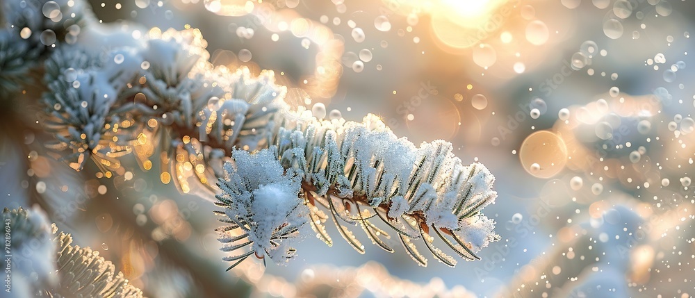 Snowflakes on pine, close up, winter wonder, crisp details, soft backlight