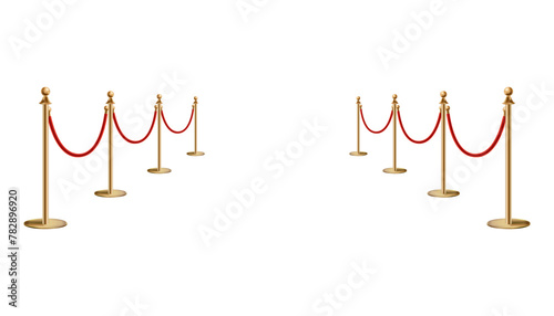 Barriers with red rope line. VIP zone, closed event restriction. Realistic image of golden poles with velvet rope. Isolated on white background