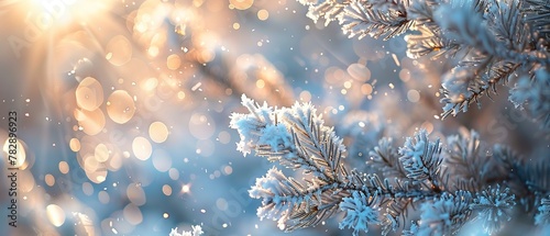Snowflakes on pine, close up, winter wonder, crisp details, soft backlight
