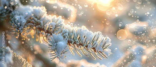 Snowflakes on pine, close up, winter wonder, crisp details, soft backlight photo