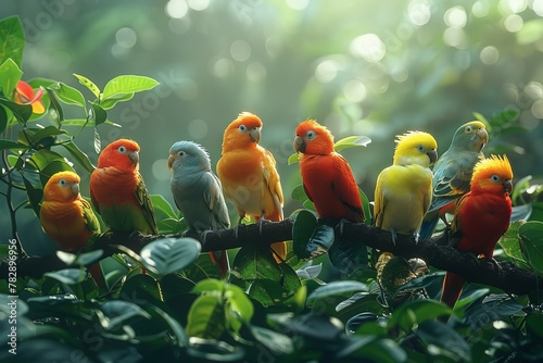 Ethereal capture of diverse colorful parrots huddled on a branch with mist rising in a mystical forest