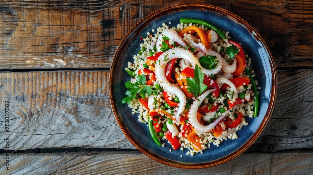 Fresh and Healthy appetizing Seafood and Vegetable Mediterranean Squid Salad, Top View Image.