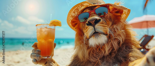 Happy and smiling to lion in a bright summer hat and stylish sunglasses holding a cocktail glass with a tasty drink on the beach