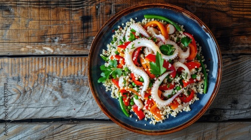 Fresh and Healthy appetizing Seafood and Vegetable Mediterranean Squid Salad, Top View Image.