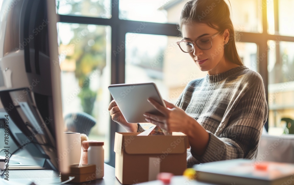 A young woman in her home office is sitting at the table, surrounded by boxes of products on which she has just been working with an iPad. She looks happy while opening up A young woman in her home office is sitting at the table, surrounded by boxes of products on which she has just been working with an iPad. She looks happy while opening up