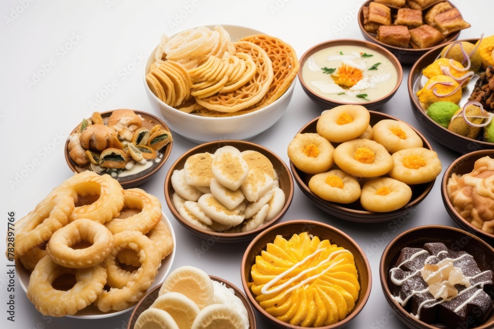 Top View, a table filled with a wide assortment of mouth-watering Indian snack, desserts and treats.