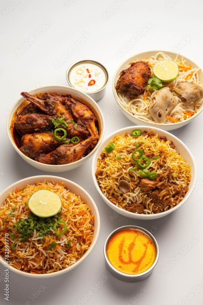 Top View, a dining table filled with a diverse array of dishes Chicken and Biryani showcasing a mix of South Asian cuisine and flavors. Top View, a dining table filled with a diverse array of dishes Chicken and Biryani showcasing a mix of South Asian cuisine and flavors.