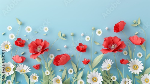Card template with chamomile and red flowers poppies for greetings, invitations, weddings, birthdays, Easter and other occasions
