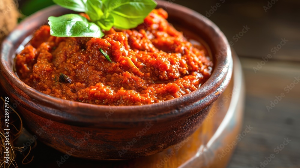 Top View, a large bowl filled with a red sauce, possibly a tomato-based sauce, placed on a dining table. Top View, a large bowl filled with a red sauce, possibly a tomato-based sauce, placed on a dining table.