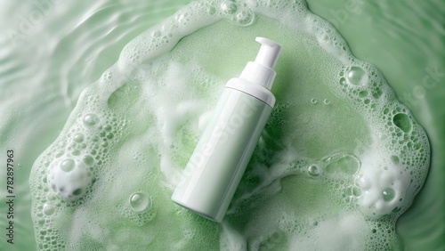 Green foam with bubbles and a white bottle of cosmetic product.