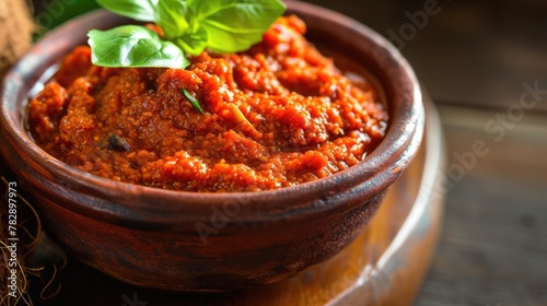  Top View, a large bowl filled with a red sauce, possibly a tomato-based sauce, placed on a dining table.