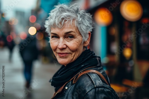 Portrait of a beautiful senior woman with gray hair in the city.
