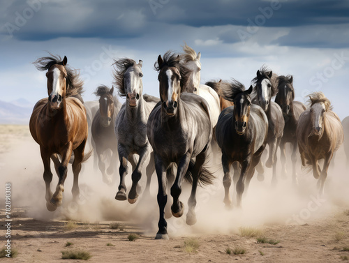 Majestic Horse Herd Galloping Across Dusty Plains © evening_tao