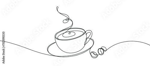 Coffee cup outline. Continuous line drawing with cup of coffee and coffee beans. Breakfast outline illustration. Line art for cafe