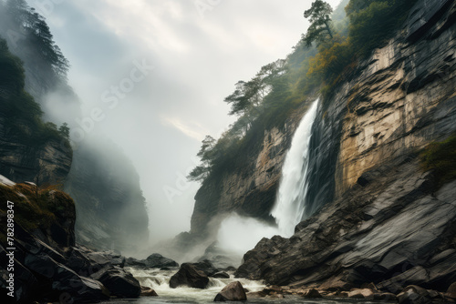 Majestic Waterfall in a Misty Mountain Landscape
