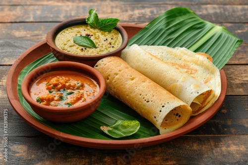 South Indian Traditional Dishes arranged on banana leaf, including rice, several kinds of curry and dosa or flatbread roll. Ready to be enjoyed on dining table.
