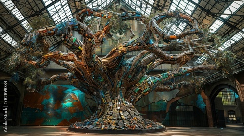 A sculpture resembling a colossal tree made entirely of recycled materials, branching out in all directions, serving as a testament to sustainability and environmental consciousness.