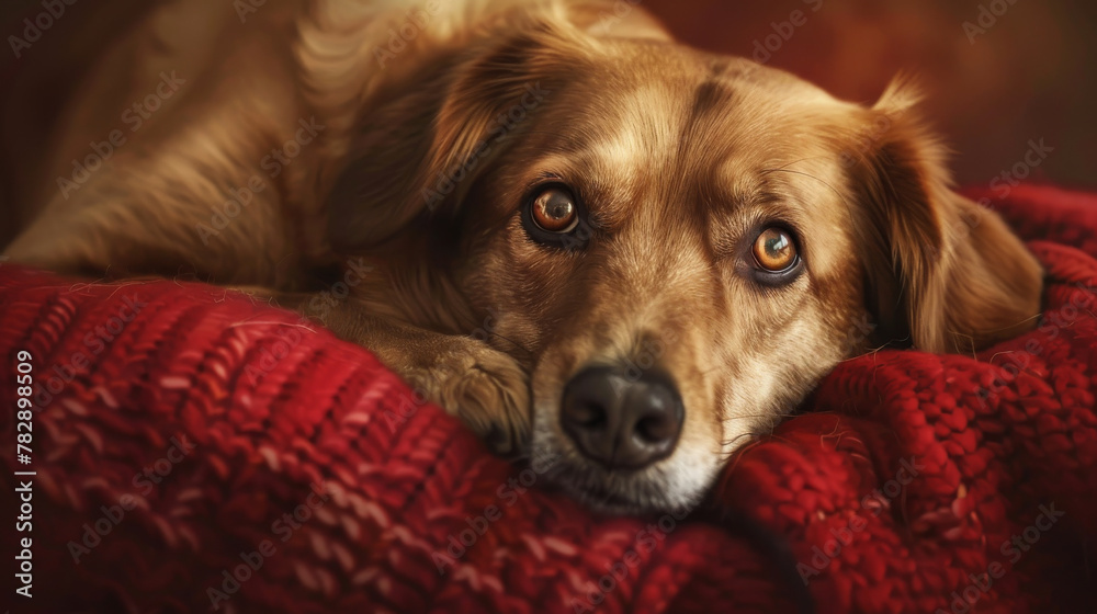 Pensive Dog on Red Blanket