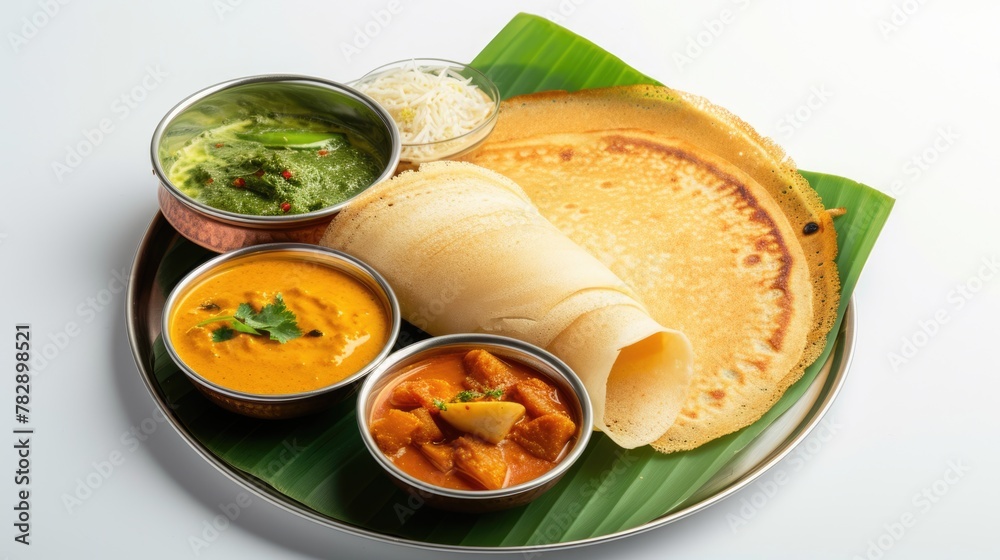 South Indian crispy masala dosa on plate with sauce or sambhar. Ready to be eaten. South Indian crispy masala dosa on plate with sauce or sambhar. Ready to be eaten.