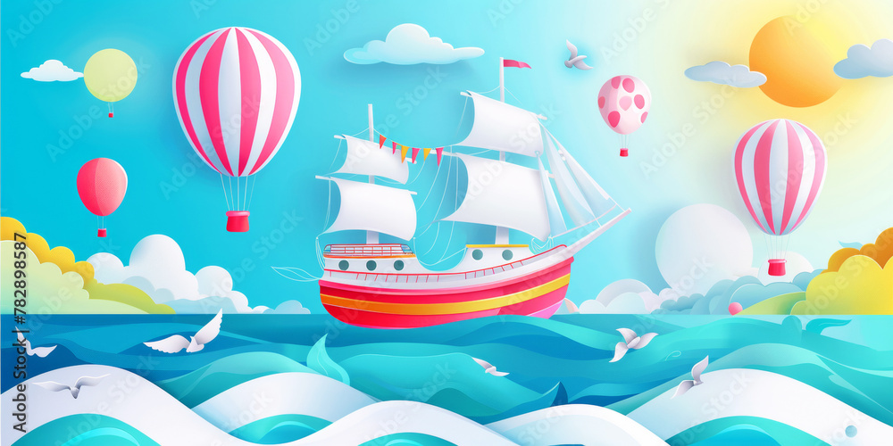 Bright party on a ship in sea with balloons . Summer travelling illustration.  Papper banner