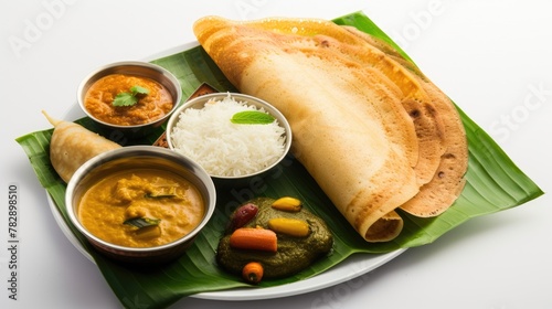 South Indian crispy masala dosa on plate with sauce or sambhar. Ready to be eaten. photo