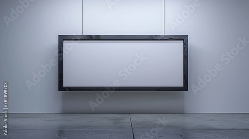 A study in simplicity a striking black wooden frame delicately suspended against a backdrop of immaculate white, 