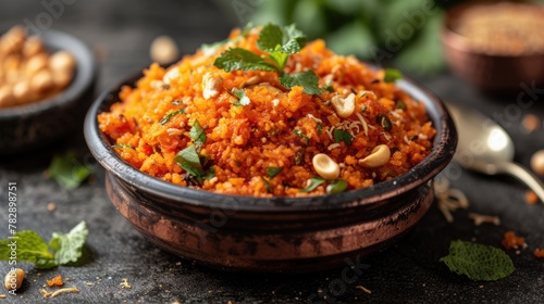 Freshly Baked Delicious Indian Dessert Carrot Halwa  gajar halwa  with Several Nuts in Bowl  Top View.