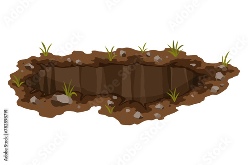Hole ground. Works digging of sand coal waste rock or gravel. Brown, dry mine element of landscape. Cartoon illustration