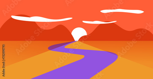 Sunset on desert river water landscape vector modern simple flat cartoon illustration, calm valley waving path on sunrise and hill, mountains on horizon scene background, western sun dawn image photo