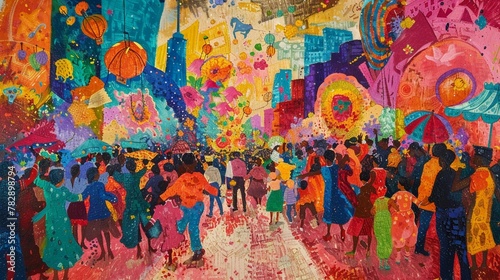 A tempera painting depicting a vibrant festival procession  with costumed dancers  musicians  