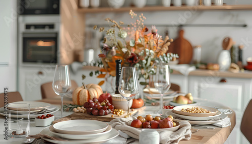 Festive table setting with tasty food for Thanksgiving Day in kitchen